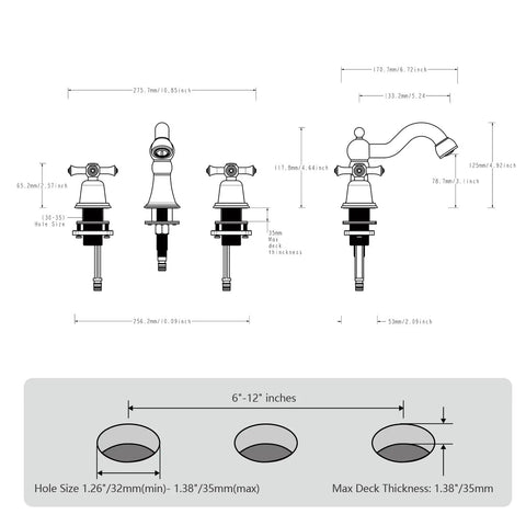 Diagram of Brushed Gold Widespread Bathroom Faucet 8 Inch 3 Hole With Two Cross Handle Knobs And Drain For Vanity Sink Tap