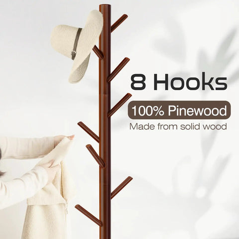 Freestanding Coat Rack With 8 Hooks And 3 Adjustable Tree Sections For Bedroom Hallway Entrance And Office Sturdy Wooden Stand