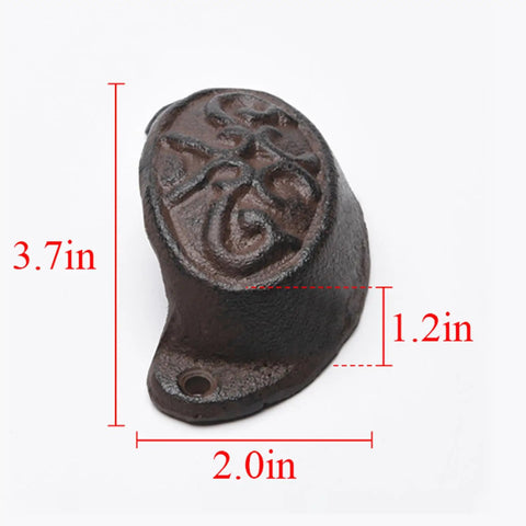 Solid As A Rock Brass Retro Drawer Pull Knockout Vintage Cast Iron Cabinet Knob with detailed design and measurements displayed.