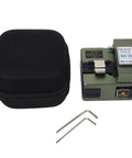 Cosiki Fiber Optic Cleaver Hot Melt Cutting Machine With 3 In 1 Fixture For Ftth Cable Splicing Precision V-Groove Cutter displayed with carrying case.