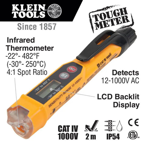 Non Contact Voltage Tester With IR Thermometer For HVAC Detects 12 To 1000 V AC With LED And Audible Alarms display