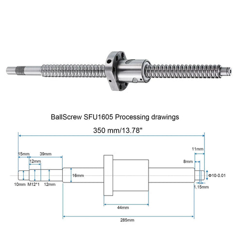 SFU1605 Ball Screw Kit With 350mm Length, 16mm Diameter, 5mm Lead, Anti Backlash Nut, Standard End Machining, technical drawing