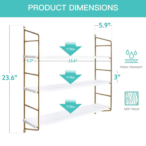 Gold Wall Shelf For Bathroom And Kitchen, Dope Floating Shelves For Living Room And Bedroom, 24 Inch Long, product dimensions shown