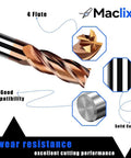 Close-up of 2-piece half inch carbide end mill bits set, 3 inch overall length, half inch cutting diameter with 4 flutes, highlighting design and material.