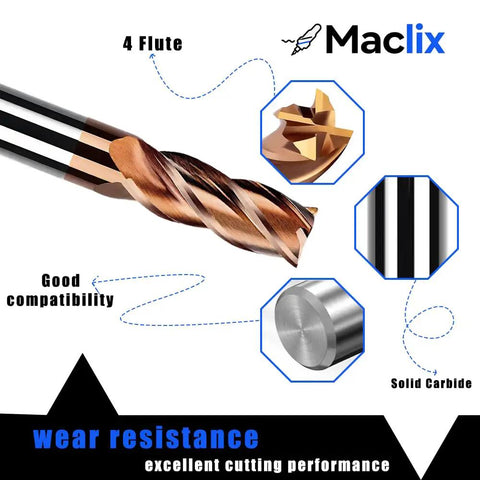 Two Piece 3/8 Inch Carbide End Mill Bits Set With Four Flutes, Two And A Half Inch Overall Length, 3/8 Inch Shank, shown with details.