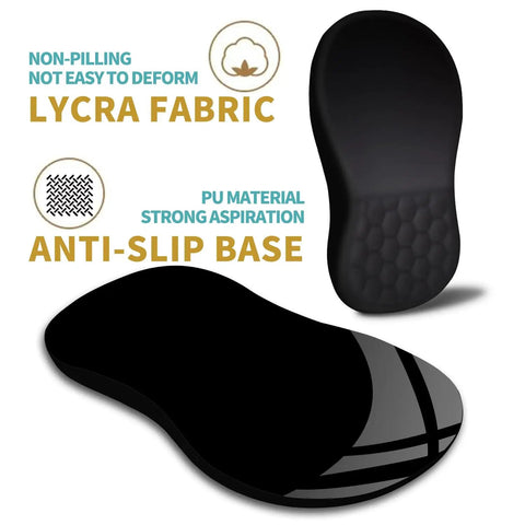 Ergonomic Mouse Pad With Wrist Support And Massage Design For Pain Relief Memory Foam Cushion Non Slip PU Base Desk Pad For Wireless Mouse 12 By 8 Inch Black showing lycra fabric and anti-slip base.