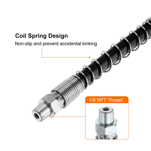 Grease Gun Hose Kit 23.8 Inch Long 10000 PSI Spring Flex High Pressure Hose With Quick Release Coupler One Eighth NPT Threads