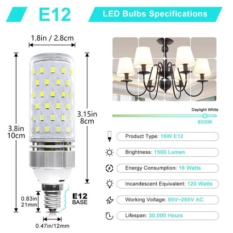Super Bright E12 LED Corn Bulbs 16W 1500LM Daylight White 6000K CRI80 Plus Non Dimmable E12 Base 8 Pack Energy Saving specs chart
