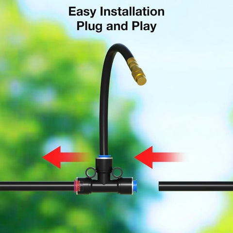 Close-up of connector from 200 Ft Drip Irrigation System Kit All In One With 1 Quarter Inch Tubing And 32 Adjustable Copper Nozzles