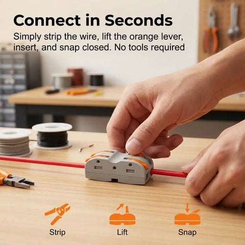 Hand using Double Wire Push In Terminal Connectors Kit No Fuss Fire Resistant Lever Lock Wire Connectors Tool Free Quick Connect