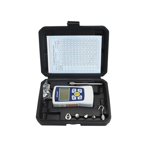 500N Digital Push Pull Force Gauge Portable Meter With Auto Backlight LCD And Four Units N Kg Lb Oz Comes In Rock Solid Storage Case Auto Power Off Buzzer Alarm Battery Included Pro Grade Precision For Testing in black case with accessories