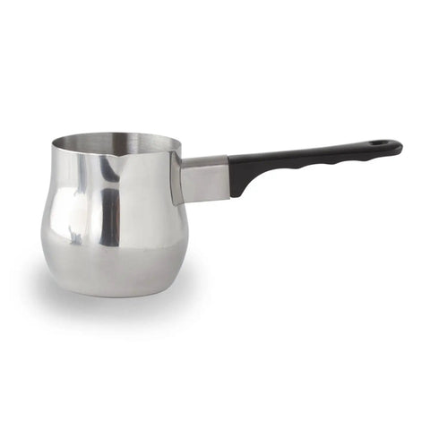 Side view of a stainless steel Turkish Coffee Pot Warmer Set in Stainless Steel with a black handle for stovetop use.
