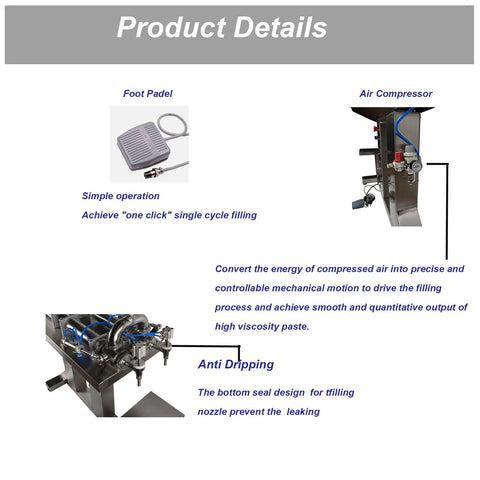 Heavy Duty Dual Head Pneumatic Paste Filling Machine With 50L Vertical Hopper for Shampoo Thick Cream features foot pedal and air compressor.