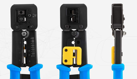 RJ45 Crimp Tool Kit With 50 Cat6 Pass Through Connectors And 50 Strain Relief Boots Plus Extra Blades EZ Cut Strip Crimp Ethernet Cables Pro Network Crimping Tool For Home Or Office DIY Friendly
