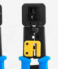 Front and side views of RJ45 Crimp Tool For Pass Through Connector EZ Cut Strip And Crimp Cat5e And Cat6 Ethernet Cables