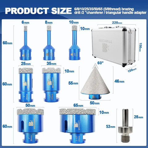 Diamond Core Drill Bit Set For Porcelain Tile Ceramic Marble Granite With Core Bits in 6/8/10/25/35/50/65mm sizes and case visible