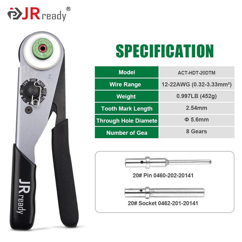 Deutsch DTM Connector Crimp Tool Kit Pro Grade With 104 Solid Contacts, specification view showing model and features.