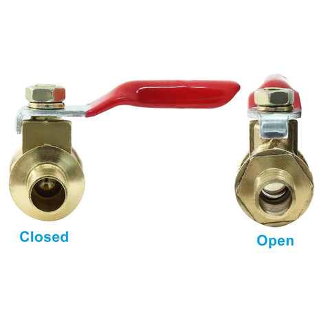 Brass 5/16 in hose barb ball valve with red lever, mini shut-off with clamps; 4-pack showing open and closed positions
