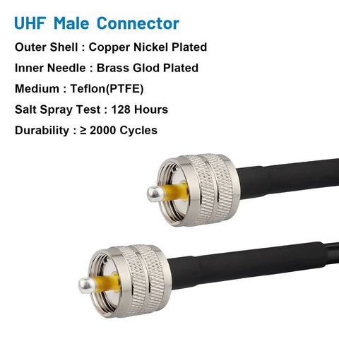 RG8x Jumper Cable 3ft 2 Pack PL259 Male to Male Coax for HAM Radio CB connectors with copper nickel plating and Teflon medium