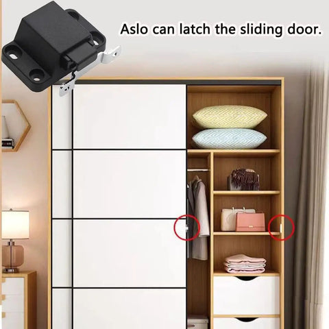 Self Closing Push To Open Door Latch Cabinet Hardware 2 Pack Push Latches And Locks for wardrobes, shown in living room.