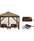 Durable 10x12 Outdoor Gazebo Mosquito Netting With 4 Panel Sidewalls, Double Zippers On All Sides, 100 Percent Polyester Brown Replacement Screen For Easy In And Out set with brown sidewalls and zippers