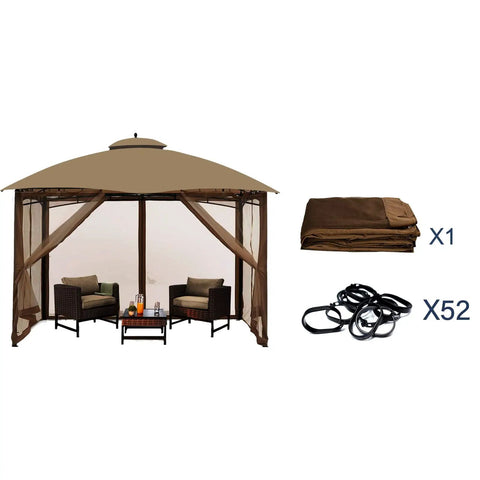 Durable 10x12 Outdoor Gazebo Mosquito Netting With 4 Panel Sidewalls, Double Zippers On All Sides, 100 Percent Polyester Brown Replacement Screen For Easy In And Out set with brown sidewalls and zippers