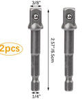 Two Pack Three Eighths Inch Square Socket Adapter Bits Set For Hex Impact Driver Power Bits And Extension Socket Drivers For Automotive DIY One Quarter Hex Shank HSS Hardened High Speed Steel showing both pieces with measurements