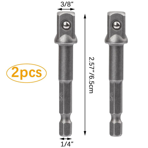 Two Pack Three Eighths Inch Square Socket Adapter Bits Set For Hex Impact Driver Power Bits And Extension Socket Drivers For Automotive DIY One Quarter Hex Shank HSS Hardened High Speed Steel showing both pieces with measurements