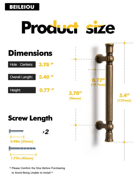 Dimensions chart for Antique Brass Cabinet Pulls With Three And Three Quarters Inch Hole Centers Zinc Alloy Classic Vintage Drawer Handles For Kitchen Cupboard Bathroom Dresser Cabinet Hardware Pack Of 2.