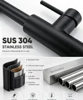 Close-up of Black Kitchen Faucets with Pull Down Sprayer showcasing SUS 304 stainless steel construction and brushed finish.