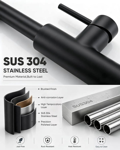Close-up of Black Kitchen Faucets with Pull Down Sprayer showcasing SUS 304 stainless steel construction and brushed finish.