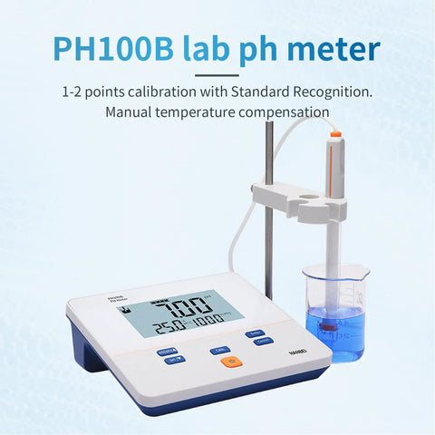 Pro Grade Lab Benchtop pH Meter Kit With 0.01 pH Accuracy on display with digital screen and electrode in a beaker
