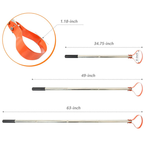 63 Inch Stirrup Hoe Garden Tool with Adjustable Long Handle, 15 Degree Spring Steel Blade, showing handle lengths and blade detail.