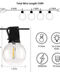 Diagram of Outdoor Patio String Lights 150ft LED G40 Bulbs With 75 Plus 2 Spare showing wire length and bulb specifications