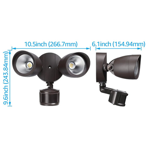 Bronze Dual Head Motion Sensor Flood Light, 1400lm Outdoor Security Light, Dusk To Dawn, IP65 Waterproof Aluminum Fixture