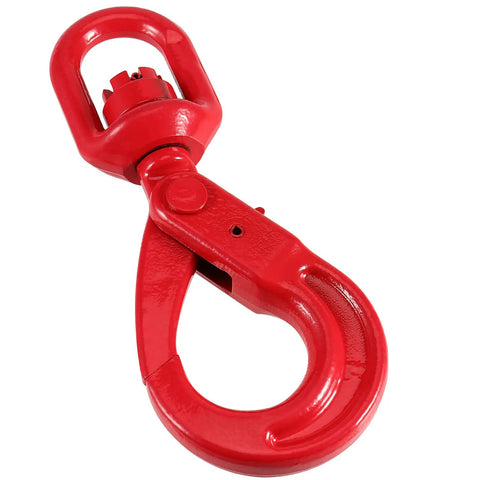 Rugged As Nails 3/8 Inch Swivel Self Locking Eye Hook, Grade 80 Forged Alloy Steel, 6945 Lbs Working Load Limit, Red Rust Resistant Finish
