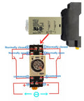H3Y-2 delay timer relay with base socket for 12V DC control systems, DPDT 8-pin, showing wiring diagram and components.