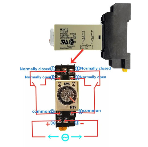 H3Y-2 delay timer relay with base socket for 12V DC control systems, DPDT 8-pin, showing wiring diagram and components.