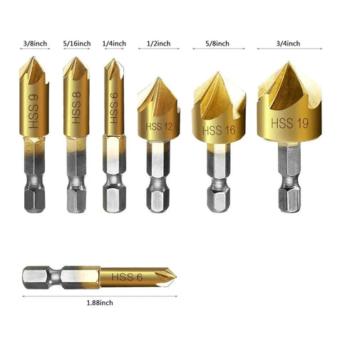 Professional Grade 6 Piece Countersink Drill Bit Set With 1 4 Inch Hex Shank And Tough Hss Construction for precise countersinking.