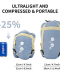 Compressed blue ultralight backpacking sleeping bag next to Pepsi can, showing pack size reduction and dimensions.