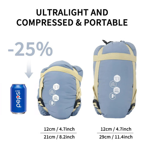 Compressed blue ultralight backpacking sleeping bag next to Pepsi can, showing pack size reduction and dimensions.