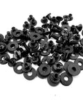 Solid Bang For Your Buck 96 Piece Black Chicago Screw Kit With 8 32 Thread Phillips Truss Screws Heavy Duty Slotted Insert Nuts Rubber Spacers scattered on a white background.