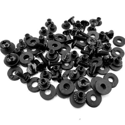 Solid Bang For Your Buck 96 Piece Black Chicago Screw Kit With 8 32 Thread Phillips Truss Screws Heavy Duty Slotted Insert Nuts Rubber Spacers scattered on a white background.