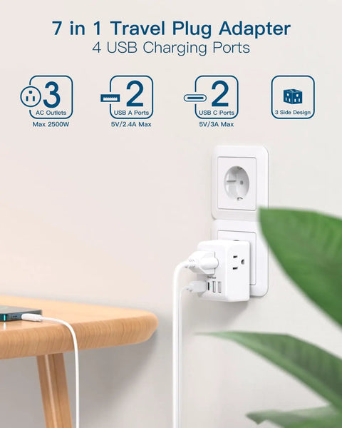 2 Pack European Travel Plug Adapter With 3 Outlets 4 USB Ports 2 USB C Ports 7 In 1 EU Power Travel Adapter Max 2500W For Europe Spain Italy France Germany Travel Essentials Must Have For Your Trip plugged in wall outlet