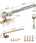 Bi-Directional Soft Close Sliding Pocket Door Rollers Kit With 1 Inch Ball Bearing Wheels, dimensions and components shown