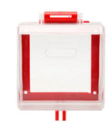 Transparent emergency stop button cover with red border for industrial electrical safety.