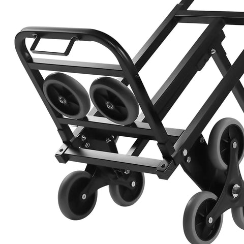 Foldable Hand Truck With Triangular Three Wheel Design For Heavy Duty Lifts Up To 550 Lbs Dual Purpose Cart For Flat Surfaces And Stairs Large Carry Base 12.99 By 15.55 Inches Easy Fold Rugged Utility Dolly black steel frame and tri-wheel stair wheels