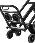 Heavy Duty Stair Climbing Dolly With Ten Wheels For No Sweat Moving, 551 Pound Flat Ground Weight Limit, Foldable Steel Cargo Cart close-up of sturdy wheels and handle.