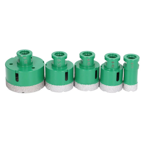 Top Tier Brazed Hole Saw Set With 5 Core Drill Bits Perfect For Marble Tile And Glass Work Comes With A Rugged Aluminum Storage Box To Keep Your Tools Safe And Organized On Any Jobsite Project, five green brazed bits 25-68mm