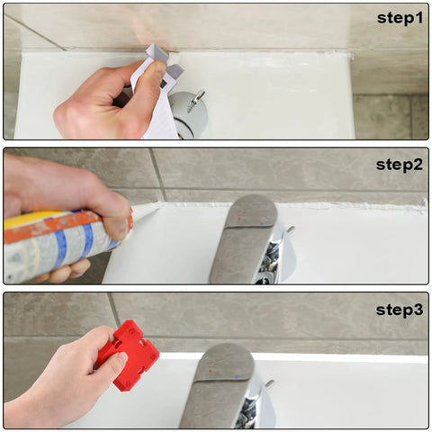 Step-by-step use of Caulking Tool Kit With Stainless Steel Scrapers And Multi Sized Caulking Silicone For Kitchen And Bathroom Joints